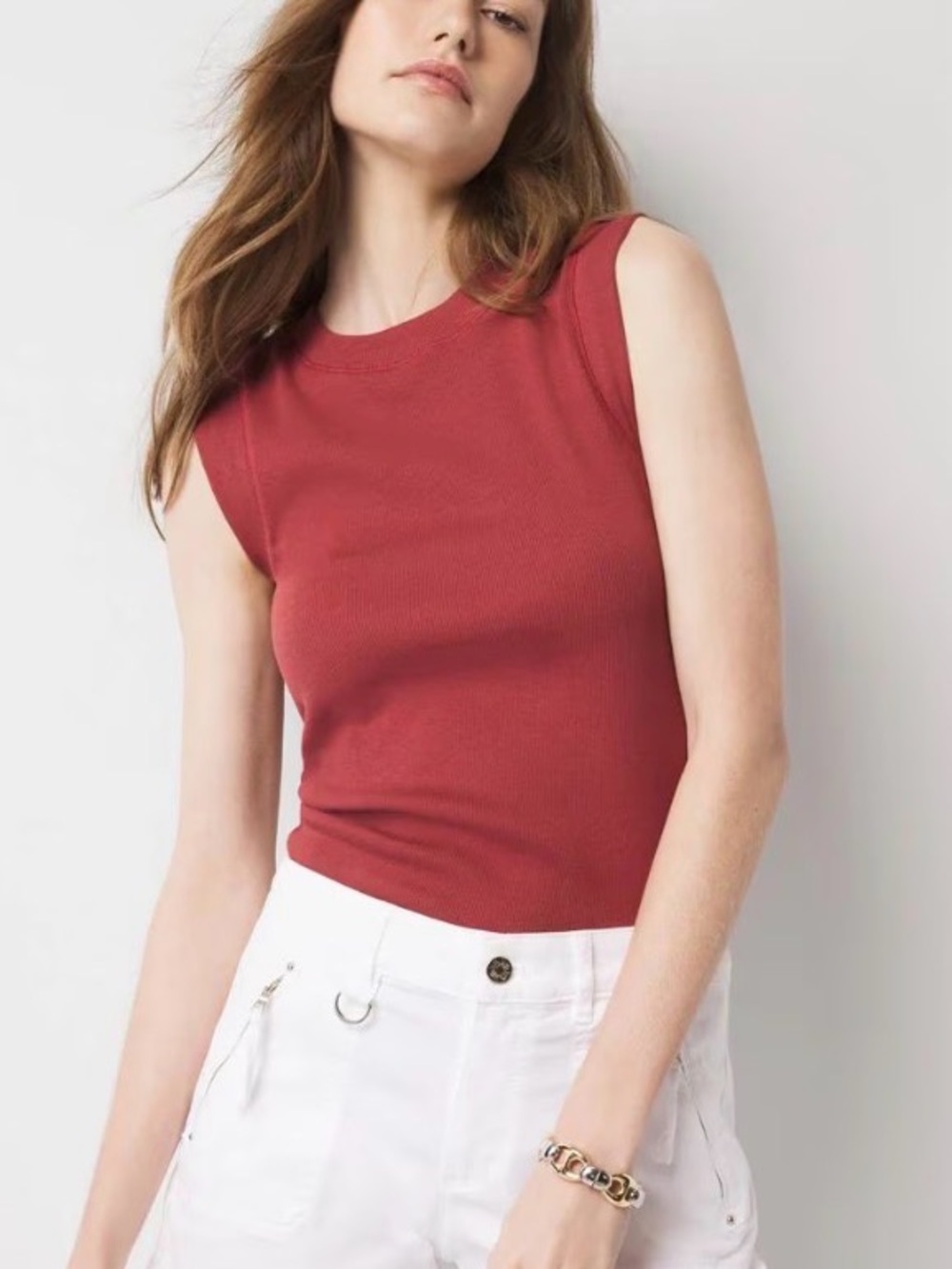 White House Black Market Forme ruched Ribbed Sleeveless shirt top Rust Tank Top